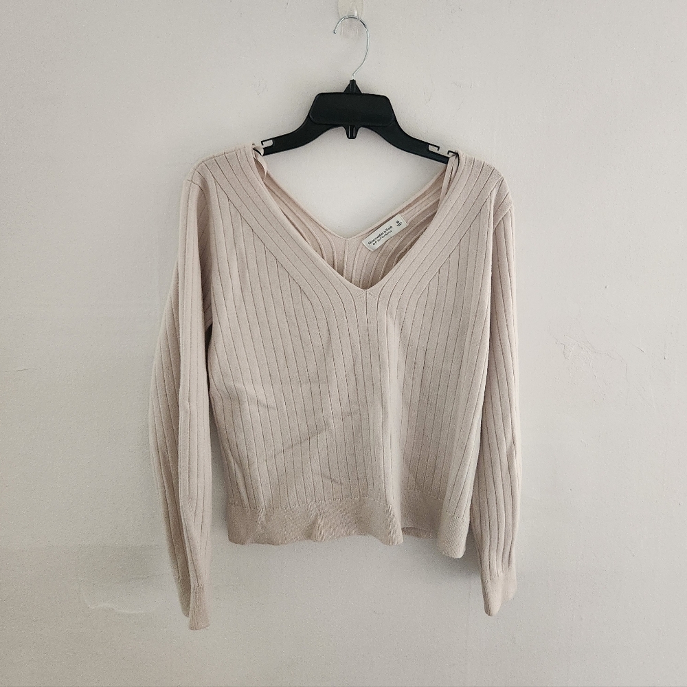 Abercrombie & Fitch Soft AF Ribbed V Neck Sweater Beige Medium